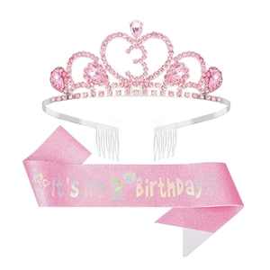 Pink rhinestone heart crown and 3rd birthday sash set for girls party accessory
