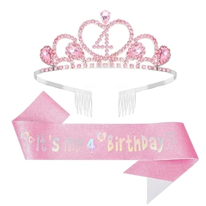 Pink rhinestone heart crown with number 4 and matching glitter sash for girl's 4th birthday