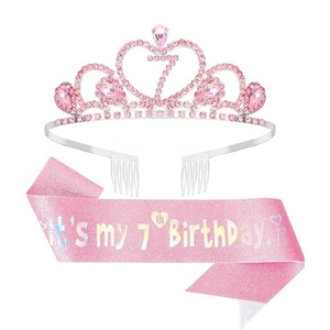Pink Rhinestone Birthday Crown And Glitter Sash For Girls Princess Tiara Birthday Celebration Party Accessories For Kids
