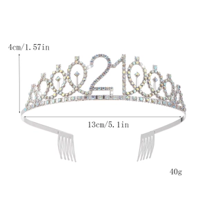 Diadème du 21e anniversaire avec strass argentés, largeur 13 cm, couronne de fête pour femme