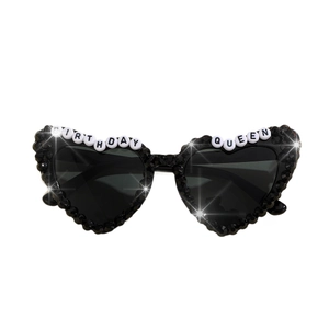 Heart-shaped black sunglasses with BIRTHDAY QUEEN letter beads and black rhinestones