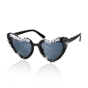 Black heart-shaped party sunglasses with Birthday Queen crystal and pearl letter details