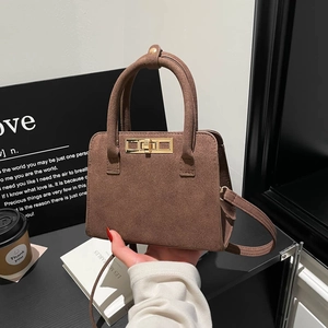 French Style Retro Faux Suede Kelly Handbag For Women Minimalist Square Shoulder Crossbody Bag With Golden Metal Lock Hardware