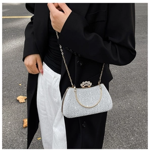 Lace texture evening bag with golden chain strap and luxury crown rhinestone buckle