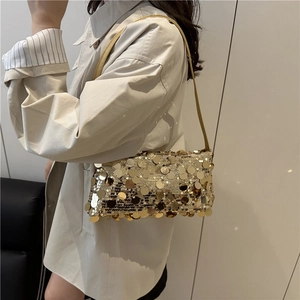 Fashionable gold sequin crossbody bag for women with elegant metallic chain strap