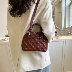 Chic burgundy quilted square patterned shell handbag with gold hardware for women