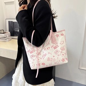 Chic large white tote bag with pink graffiti prints and heart patterns for daily wear