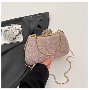 Detail of pink lace evening bag with gold crown rhinestone clasp and chain strap