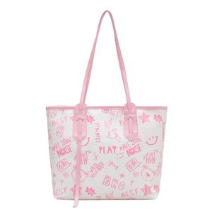 Large capacity graffiti tote bag with pink street art doodles and bear pattern