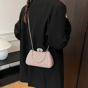 Sparkling champagne pink sequins evening clutch bag with golden crown clasp and chain strap