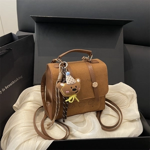 Korean Style Brown Mini Suede-Like Backpack Vintage Matte Synthetic Leather Shoulder Bag With Bear Charm For Women