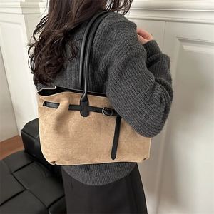 Minimalist vintage suede tote bag with black leather straps and large capacity