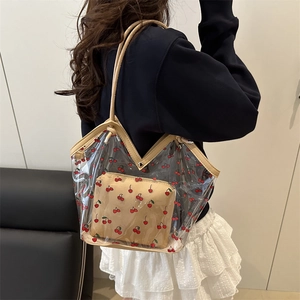 Sac fourre-tout transparent en PVC à motif cerise avec pochette intérieure beige