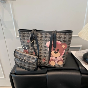 Fashion PU Leather Cartoon Bear Chevron Pattern Tote Bag And Small Pouch Set Women Large Capacity Printing Shoulder Bag