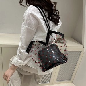 Sac cabas en PVC transparent avec imprimé cerise, doublure noire et double poignée