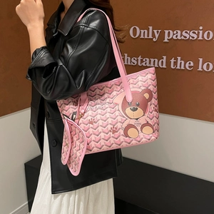 Pink cartoon bear tote bag with geometric stripes and matching coin purse for women