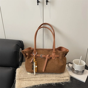 Vintage Frosted Suede Shoulder Bag For Women Large Tote Bag With Beaded Pendant Elegant Urban Minimalist Commuting Handbag