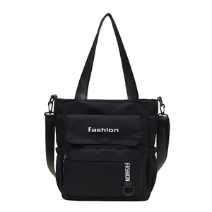 Large black nylon tote bag with fashion print and adjustable strap for women