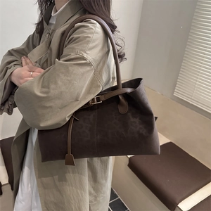 Vintage leopard print large capacity faux suede tote bag with decorative metal buckle