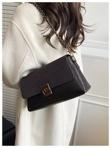 Detail of dark coffee leather crossbody bag with gold geometric buckle and chain strap