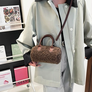 Brown fluffy lamb wool cylinder crossbody bag with leather handles for women's autumn winter