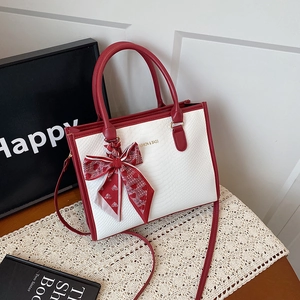 Women Fashion Color Block PU Leather Crossbody Bag Snake Texture Handbag With Silk Scarf Decor Commuter Square Tote Shoulder Bag