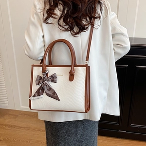 Chic cream snakeskin texture tote bag with brown leather handles and heart silk scarf