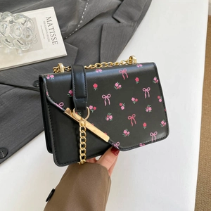 Women Fashion PU Leather Printed Crossbody Small Square Bag Elegant Chain Shoulder Bag Cherry Bear Pattern Flap Messenger Bag