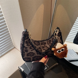 Vintage Leopard Print Flannel Underarm Bag For Women Retro Crescent Hobo Shoulder Bag With Golden Chain And Plush Charm