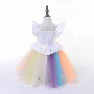 Girl's unicorn rainbow tulle princess dress with ruffled sleeves and back zipper closure