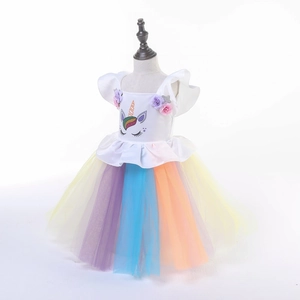 Unicorn princess dress for girls with rainbow tulle skirt and floral bodice embroidery