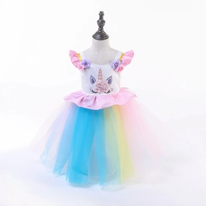 Robe de Princesse Licorne pour Filles Tutu en Maille Arc-en-ciel Costume de Fête d'Anniversaire Halloween en Polyester