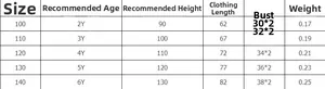 Detailed size chart for girls unicorn lace dress showing age, height and bust measurements