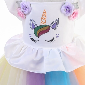Girl's unicorn princess dress with rainbow tulle skirt and floral bodice detail