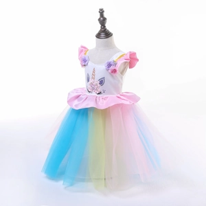 Robe princesse licorne pour fille avec jupe en tulle arc-en-ciel et fleurs brodées