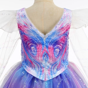 Back view of pink and blue sequin girls fairy dress with sheer mesh puff sleeves