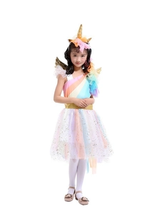 Detailed view of rainbow tulle unicorn tutu dress with golden wings and floral headband