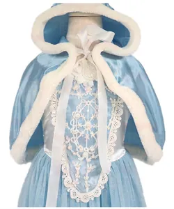 Blue princess costume for girls featuring a hooded cape with lace and faux pearl details