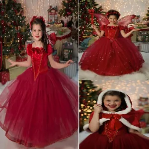 Girls red Christmas princess dress with sequin bodice, fluffy tulle skirt and hooded cape