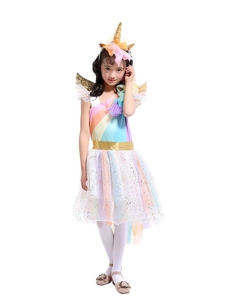 Rainbow unicorn princess dress for girls with tutu mesh skirt and gold accessories
