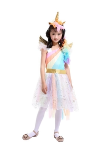 Detail view of girls rainbow unicorn costume with golden wings and floral headband