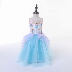 Himmelblaues Einhorn Prinzessinnenkleid für Mädchen mit Tüllrock und 3D Blüten-Details