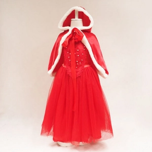 Girl's red Christmas princess dress set with hooded cape and white faux fur trim