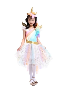 Girls Rainbow Unicorn Dress Costume For Halloween Birthday Party Princess Mesh Tutu Dress With Headband And Wings