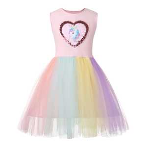 Girls Sleeveless Unicorn Sequin Heart Rainbow Tutu Dress Mesh Patchwork Princess Ball Gown For Birthday Party Celebration