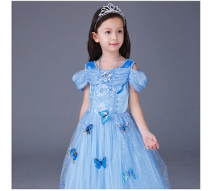 Short sleeve light blue princess dress for girls with butterfly and floral embroidery