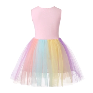 Girl's pink ribbed knit sleeveless dress with colorful rainbow tulle tutu skirt