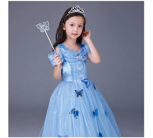 Blue princess dress for girls with butterfly tulle skirt, silver crown, and wand set