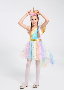 Detail of colorful tulle skirt with golden sequins and glitter on unicorn tutu dress