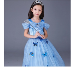 Girls Princess Dress Short Sleeve Mesh Tutu Gown With Butterfly Accents Shimmering Sequin Party Costume For Kids Role Play Blue
